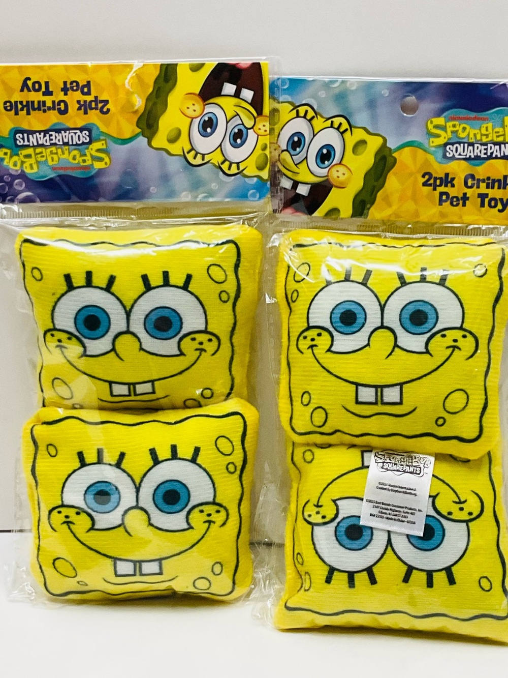 NEW 4pc SpongeBob SquarePants 2-Pack Crinkle Pet Toys | Novelty Dog Cat Gifts